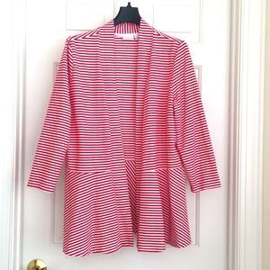 Kim Rogers Light Cardigan M Open front Red White Stripes 3/4 Sleeves